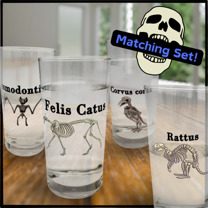 Animal Skelli Glass Tumbler Set – Spooky Gift for Couples, spooky drinking glass set, Halloween, Weddings, Housewarmings, and Gothic Home Decor, skeleton drinkware, animal lover gift, Gothic drinkware set