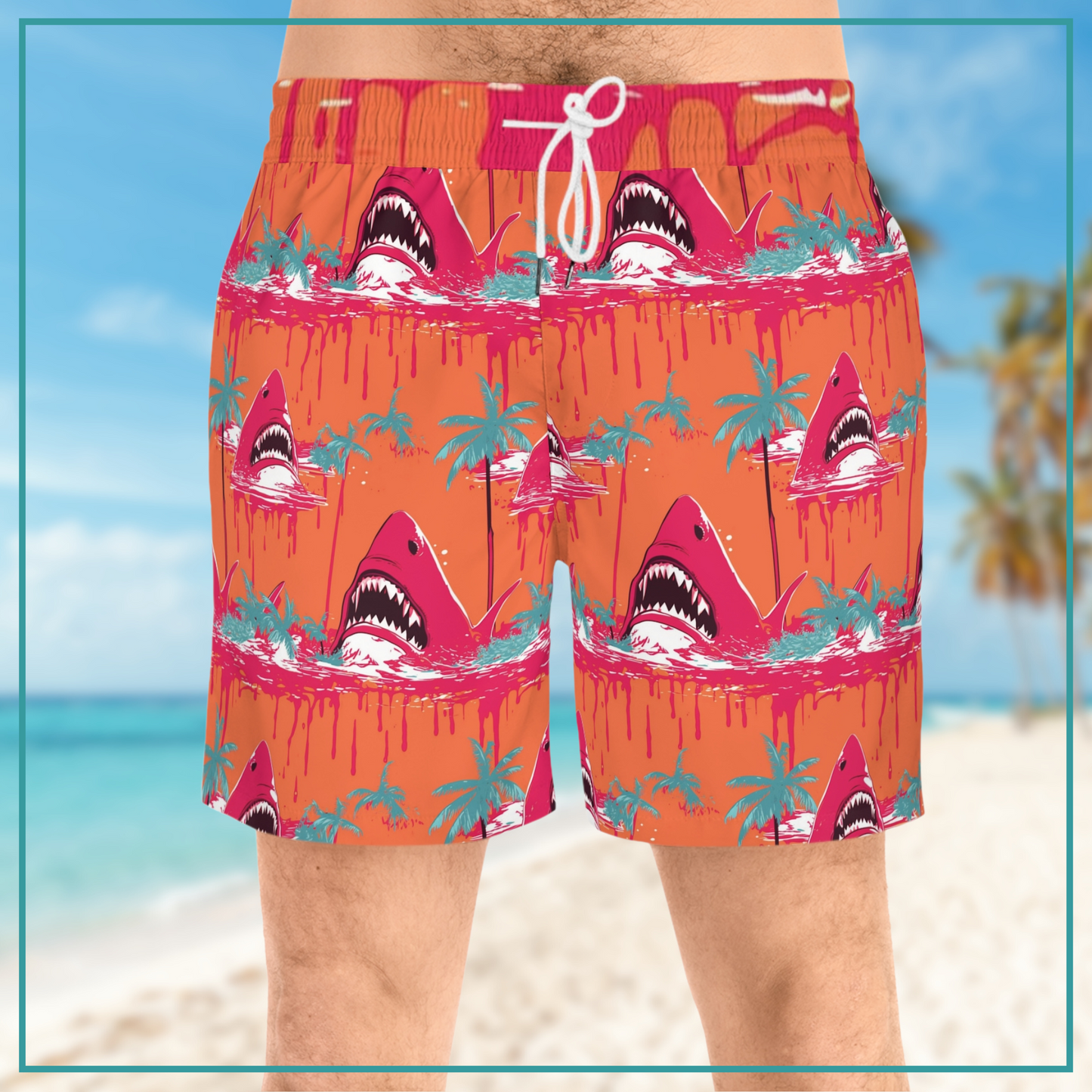 Neon Shark mens swim trunks with pockets shark pattern midlength swim shorts mesh lined swim trunks gift for him horror shark swim trunks