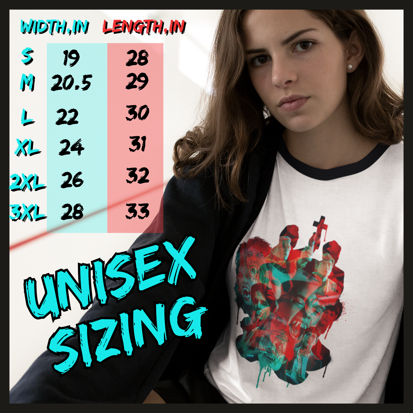 Rainbow Zombies Unisex Ringer Tee – Retro Horror Graphic Shirt – Black White Vintage Slasher Inspired Overstock Sale $21