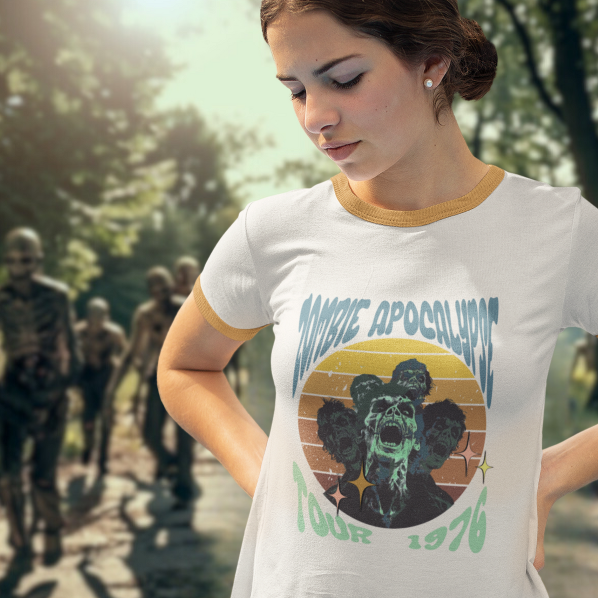 Zombie Bell Ringer Zombie Apocalypse Ringer Tee womens retro horror ringer tshirt 70s hor ...