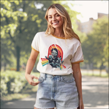 Rainbow Zombie Ringer Tee womens retro horror ringer tshirt 70s horror zombie tee gift for her ladies horror ringer tee