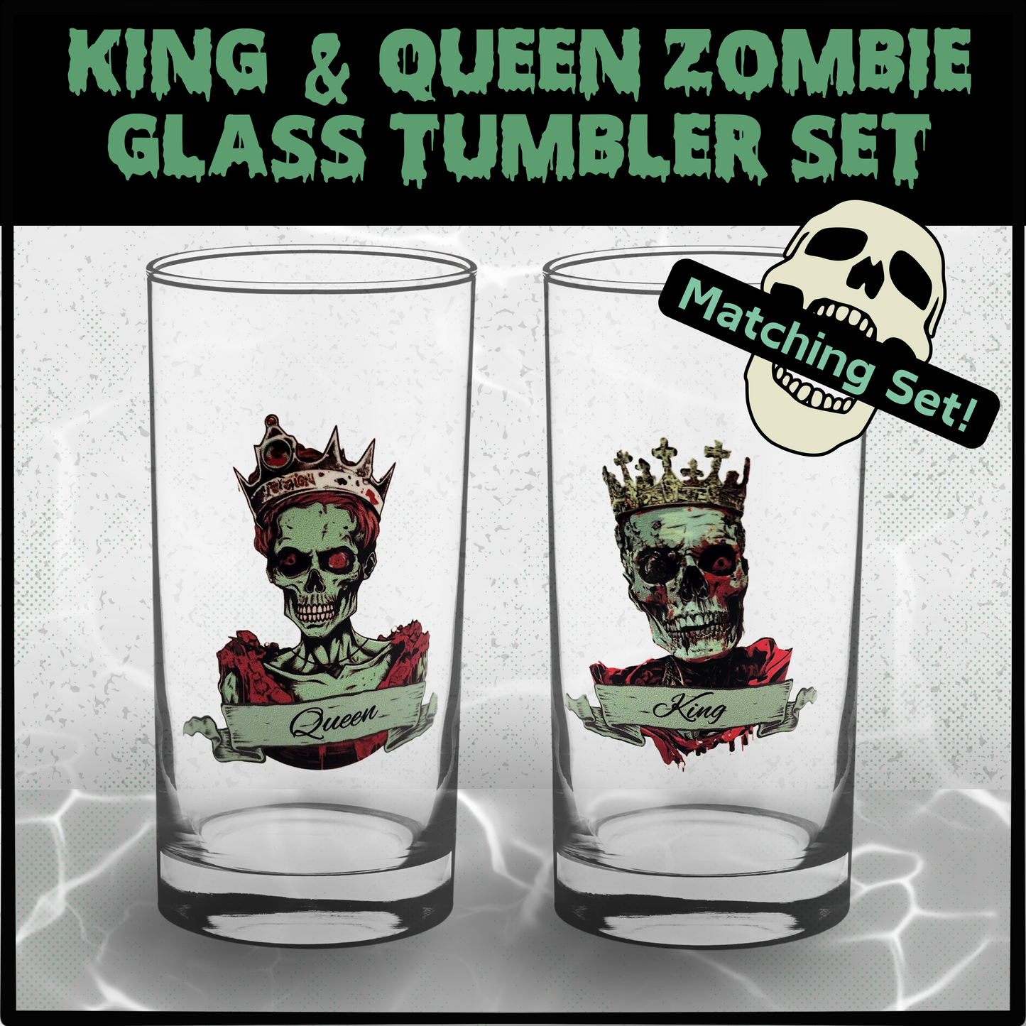 King & Queen Zombie Glass Tumbler Set – Spooky Gift for Couples, Halloween, Weddings, Housewarmings, and Gothic Home Decor, Zombie drinkware, Gothic drinkware set