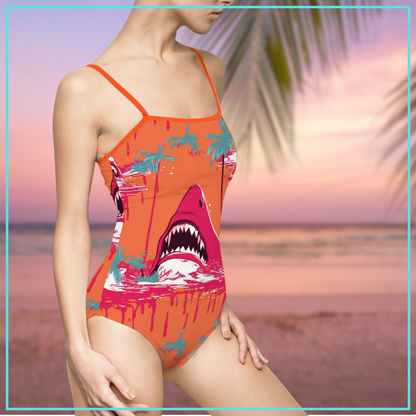 Neon Sharks women's strappy one piece swimsuit great white shark horror fan swimsuit gift for her shark attack horror one piece swimsuit