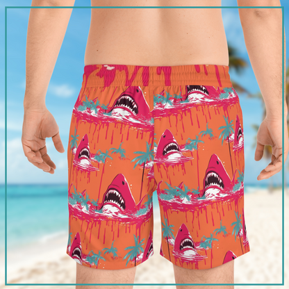 Neon Shark mens swim trunks with pockets shark pattern midlength swim shorts mesh lined swim trunks gift for him horror shark swim trunks