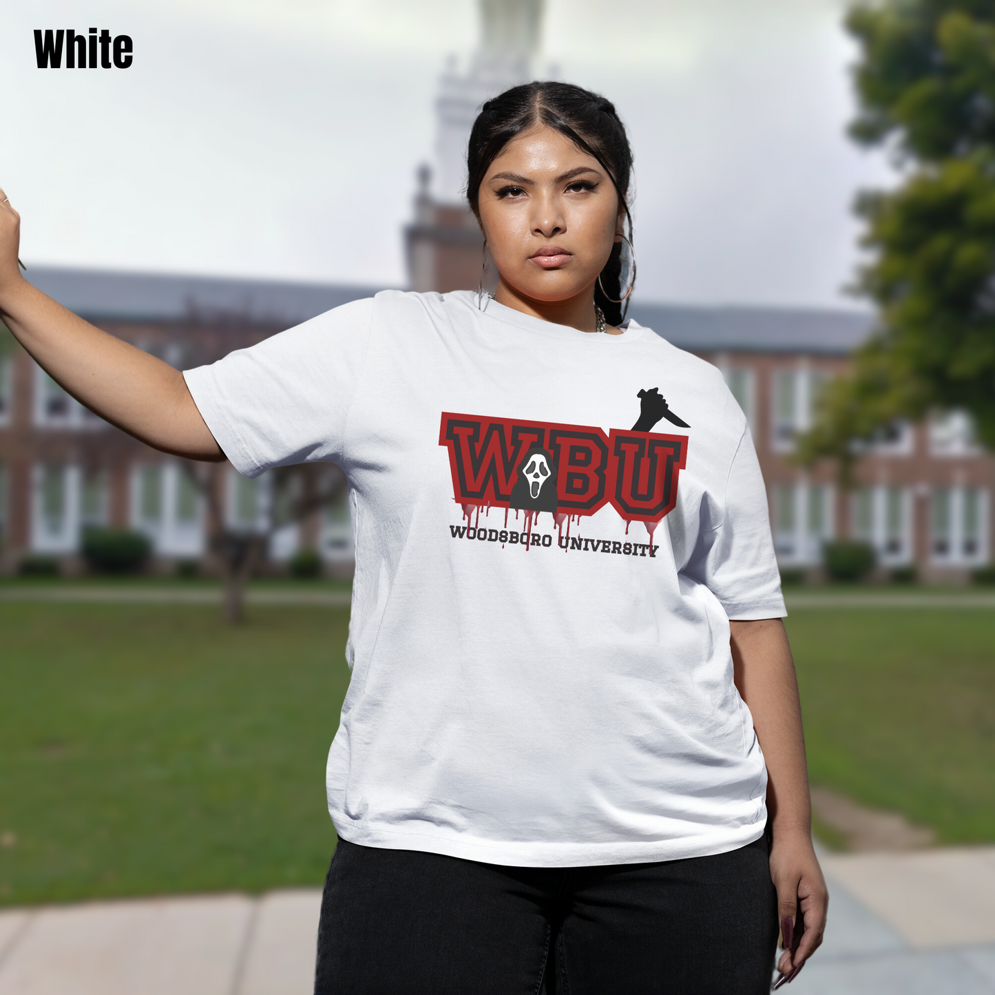 Woodsboro University tee unisex horror tshirt for her Woodsboro tee gift Scream tee for her horror graphic tee Ghostface horror tshirt