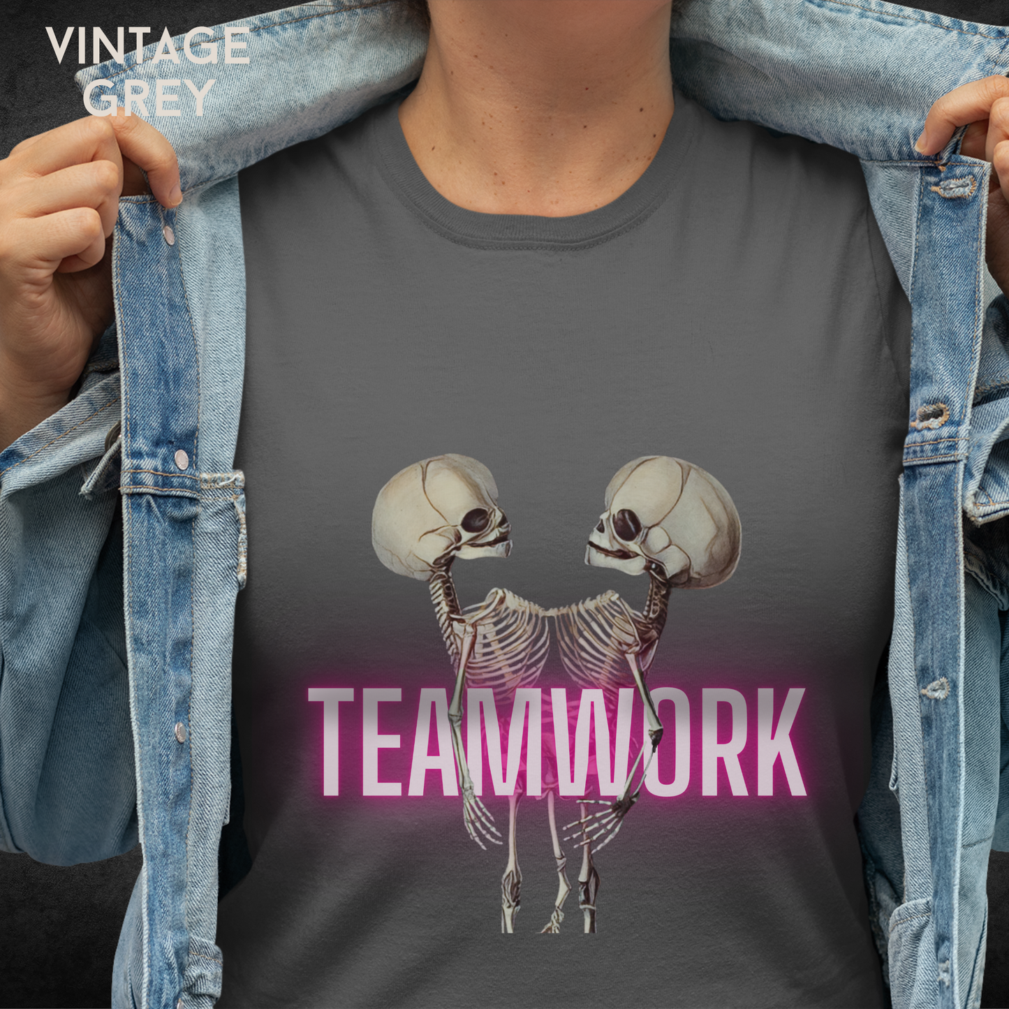 Teamwork Horror Unisex Tee – Conjoined Twin Skeleton Shirt, Dark Macabre Graphic Tee, Gothic Horror Apparel