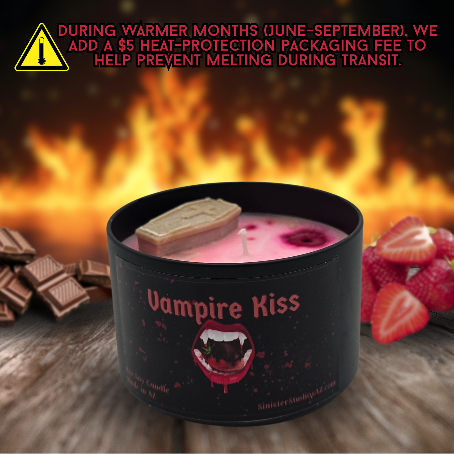 Vampire Kiss Candle and Wax Melts | Chocolate Strawberry Scent | Gothic Vampire Decor | Horror Candle Gift | Sinister Studios AZ