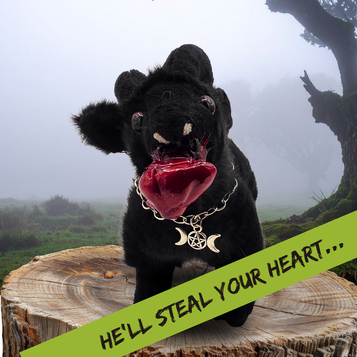 Bad Baphy Baphomet Goat Plushie with Bloody Heart & Removable Pentagram or Triple Moon Bracelet Necklace Gothic Gift