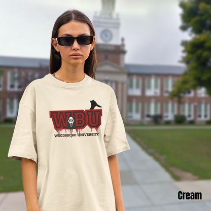 Woodsboro University tee unisex horror tshirt for her Woodsboro tee gift Scream tee for her horror graphic tee Ghostface horror tshirt