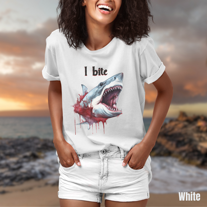 I Bite Shark tee unisex Shark attack horror tshirt for her Bloody Shark tee gift Great White Shark tee for her summer shark tshirt gift