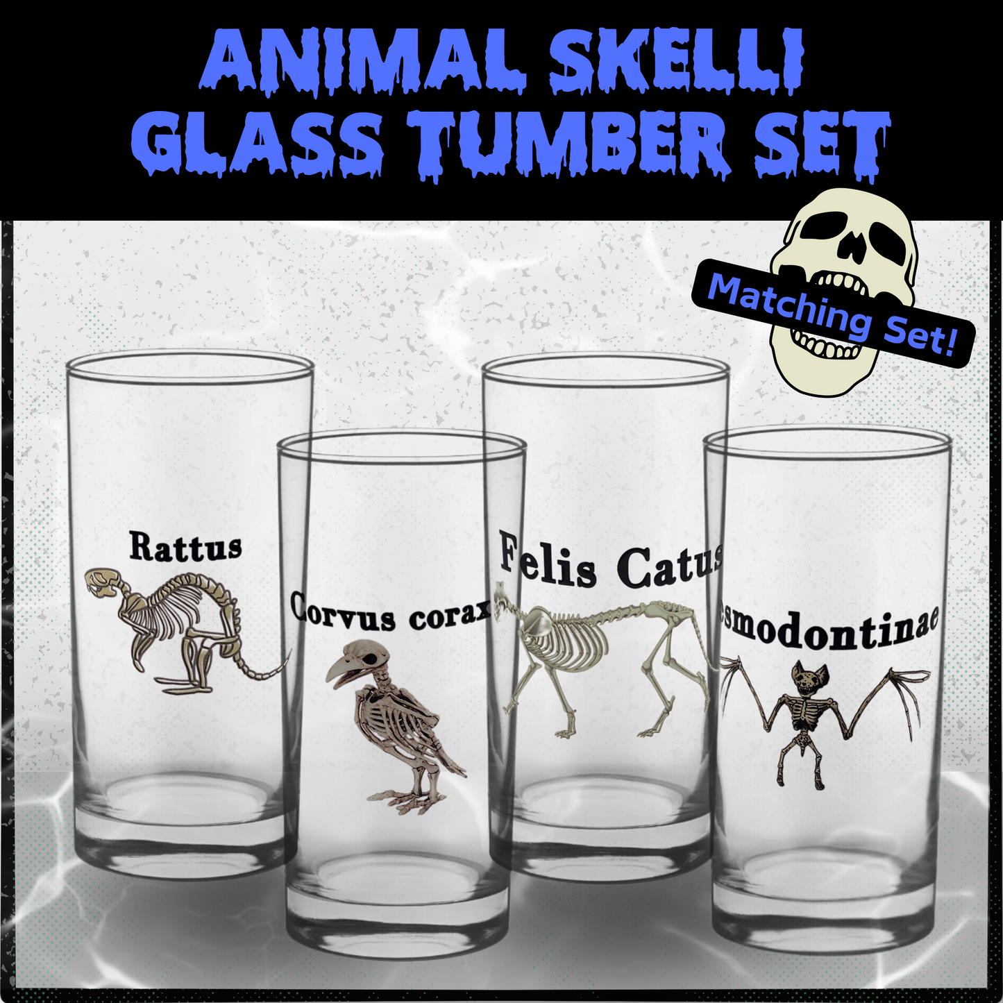 Animal Skelli Glass Tumbler Set – Spooky Gift for Couples, spooky drinking glass set, Halloween, Weddings, Housewarmings, and Gothic Home Decor, skeleton drinkware, animal lover gift, Gothic drinkware set