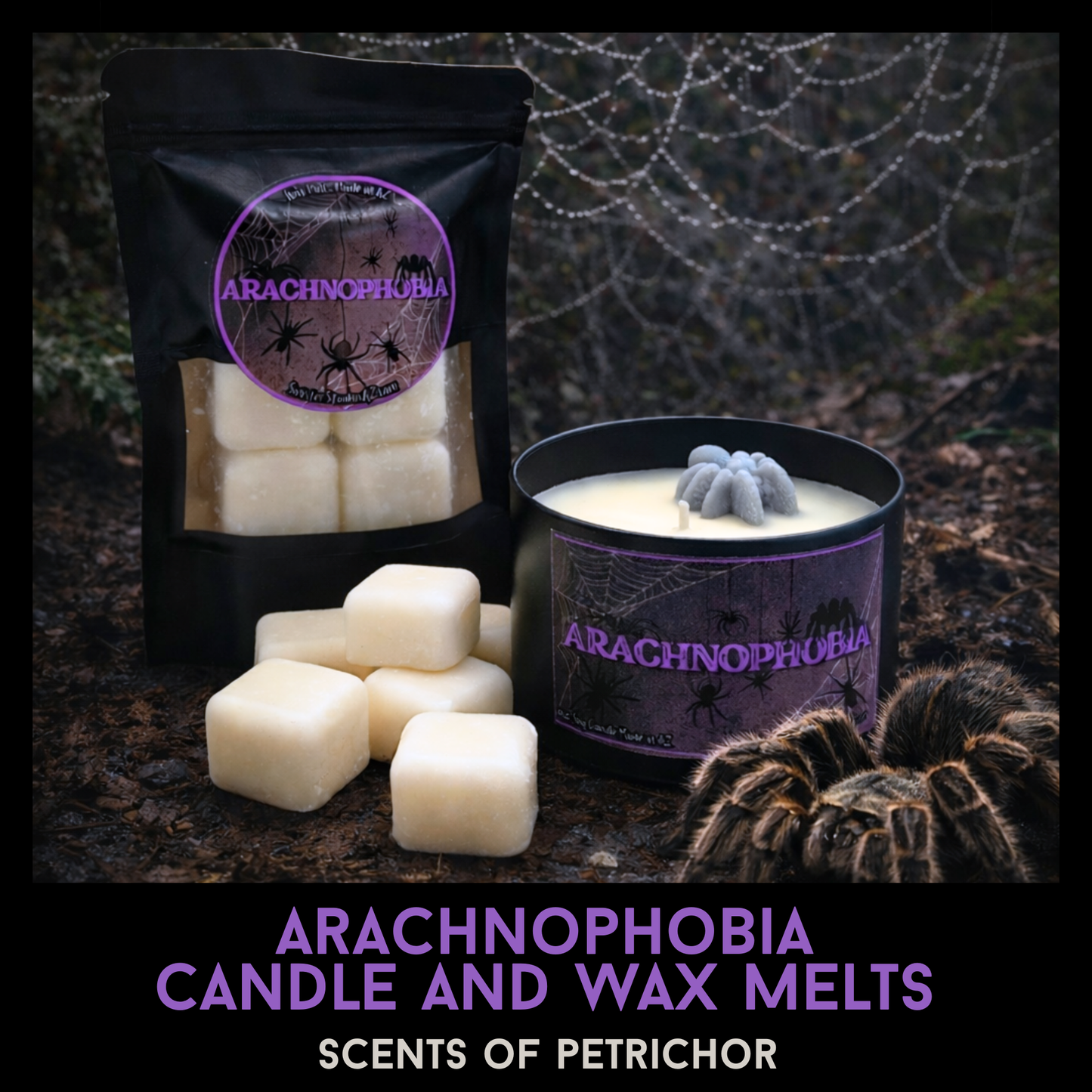 Arachnophobia Candle & Wax Melts | Petrichor Scent | Rain-Soaked Soil, Damp Basement, Spider Inspired Horror Home Fragrance