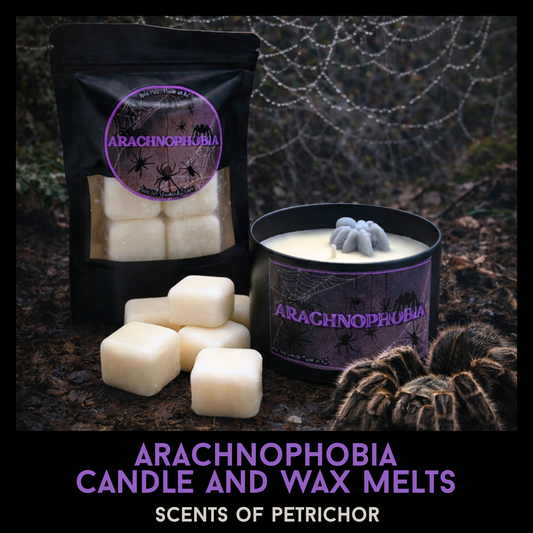 Arachnophobia Candle & Wax Melts | Petrichor Scent | Rain-Soaked Soil, Damp Basement, Spider Inspired Horror Home Fragrance