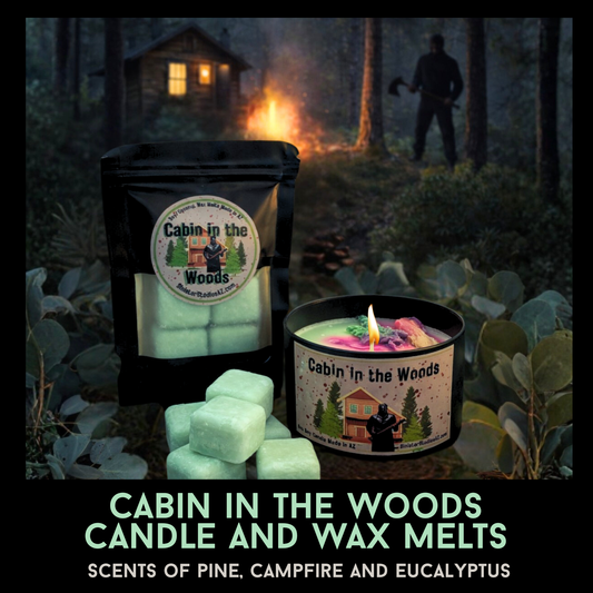 Cabin in the Woods Horror Candle & Wax Melts Set | Campfire Pine Eucalyptus Candle | Slasher Cabin Decor | Sinister Studios AZ