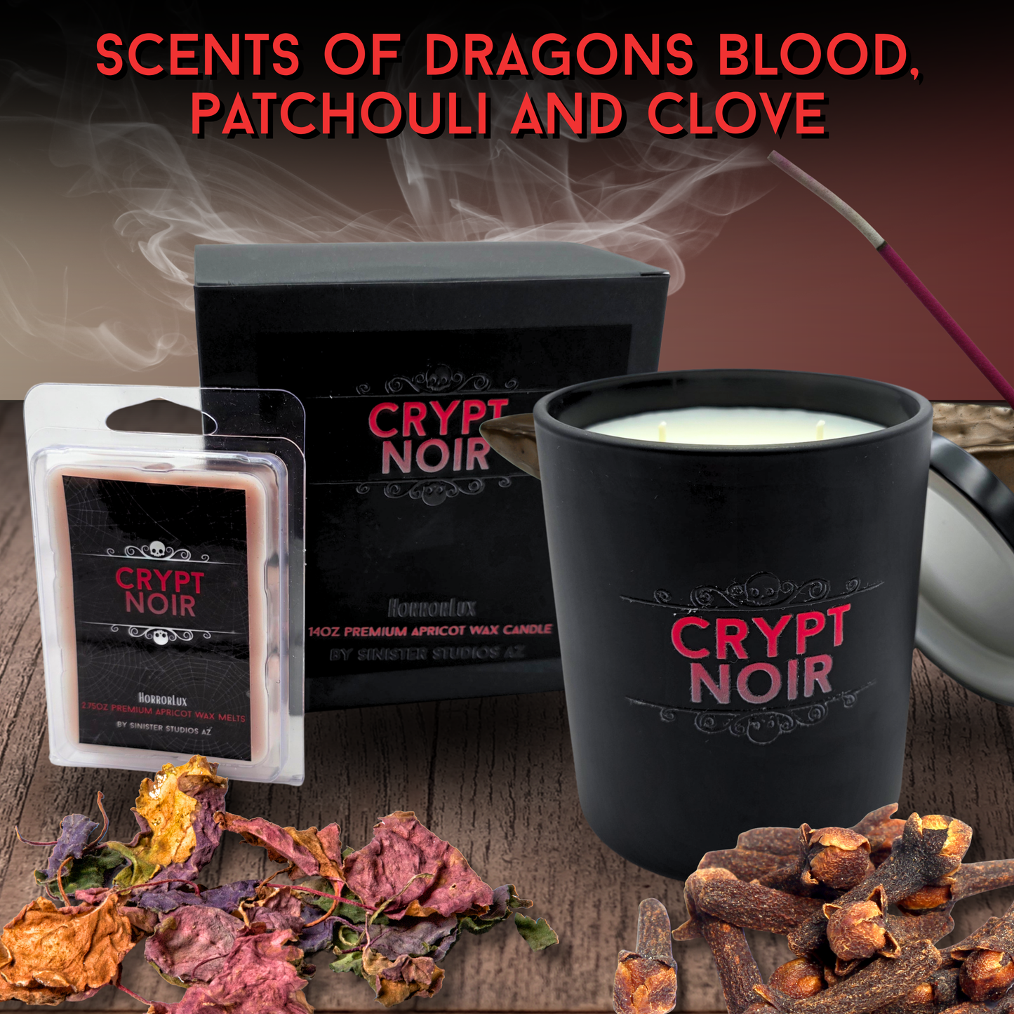 Crypt Noir HorrorLux Dragons Blood Candle & Wax Melts, Gothic Luxury Patchouli Clove Horror Candle Gift