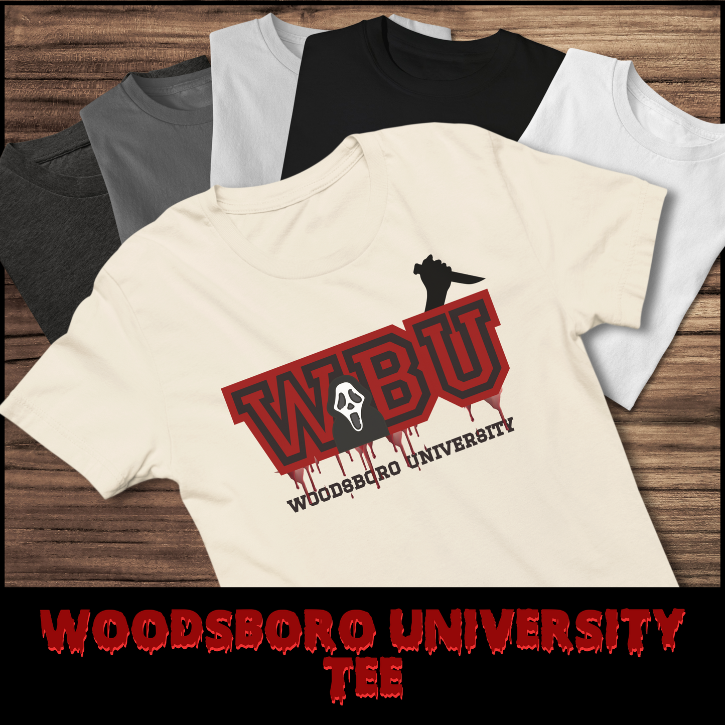 Woodsboro University tee unisex horror tshirt for her Woodsboro tee gift Scream tee for her horror graphic tee Ghostface horror tshirt