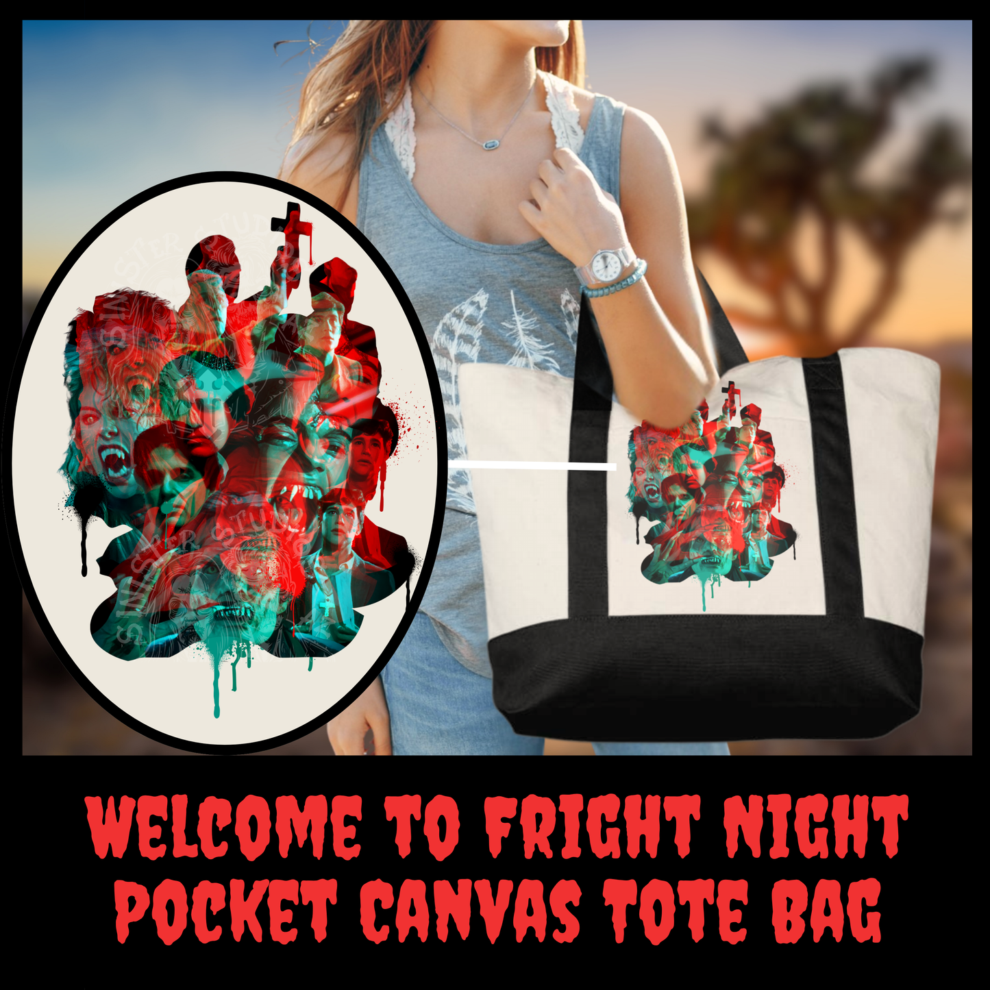 Welcome to Fright Night Canvas Tote Bag with Pocket – Horror Convention Carryall, Glitch Effect Design, Durable Zippered Tote