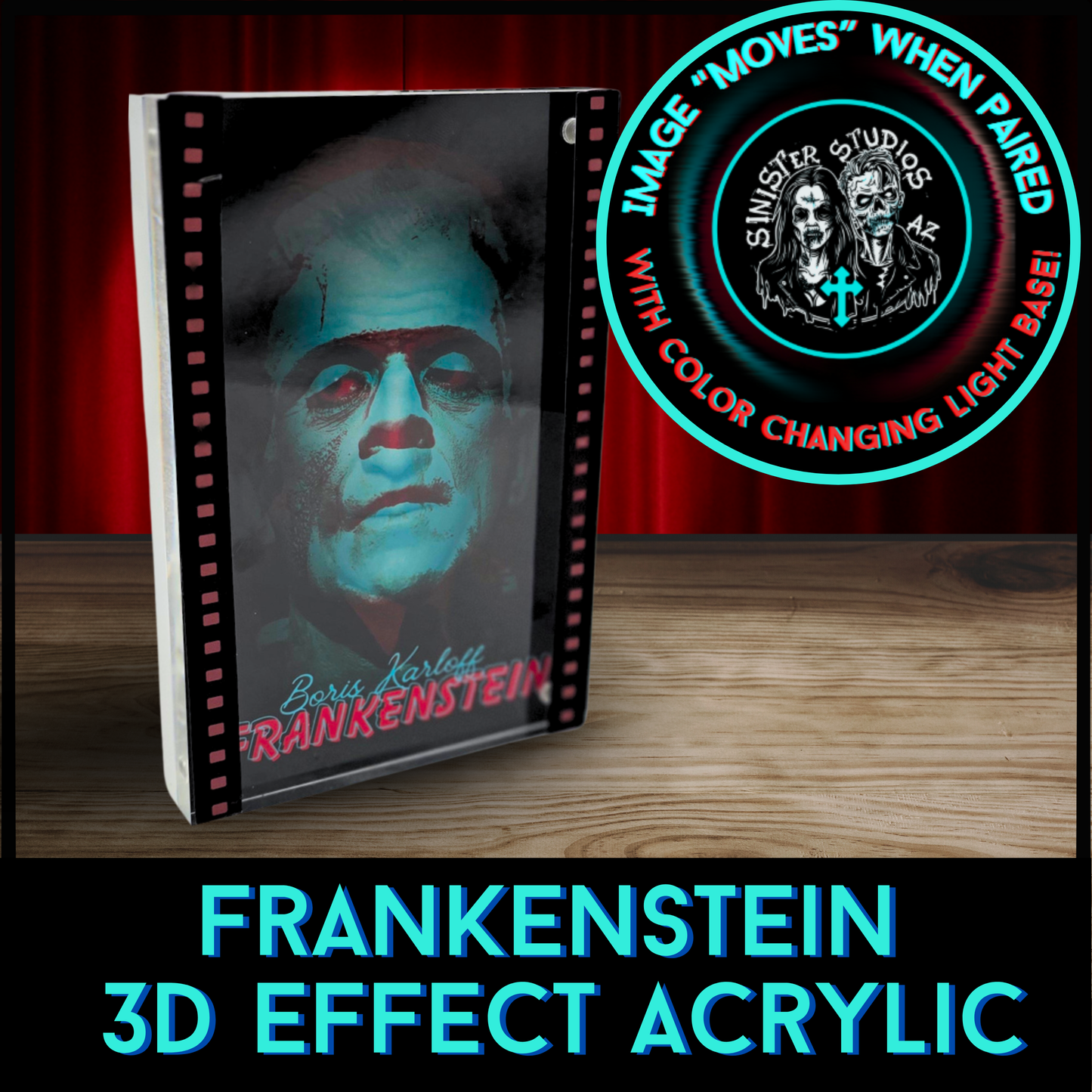 Frankenstein 3D Effect Acrylic – Color Reactive Boris Karloff Monster Illusion Art Display with Optional RGB LED Light Base