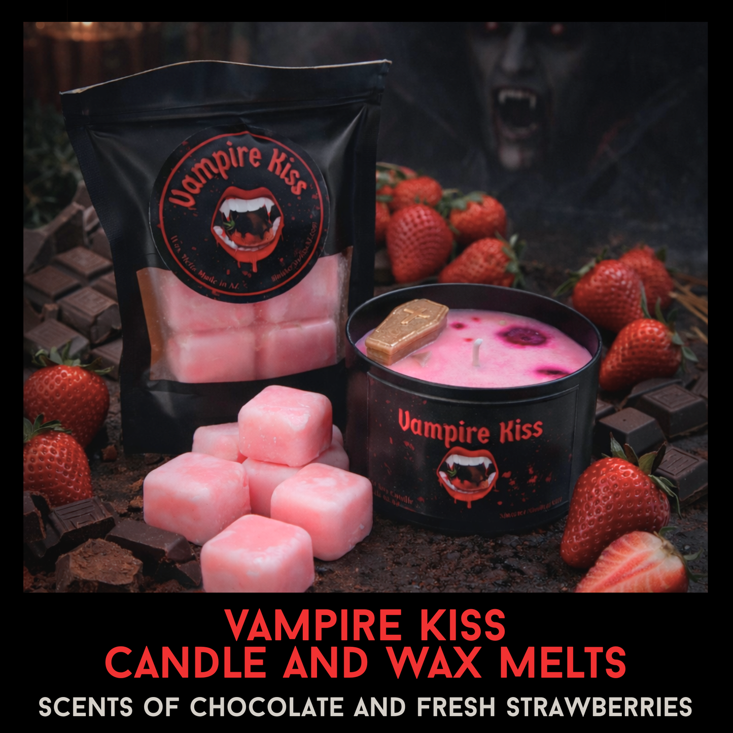 Vampire Kiss Candle and Wax Melts | Chocolate Strawberry Scent | Gothic Vampire Decor | Horror Candle Gift | Sinister Studios AZ